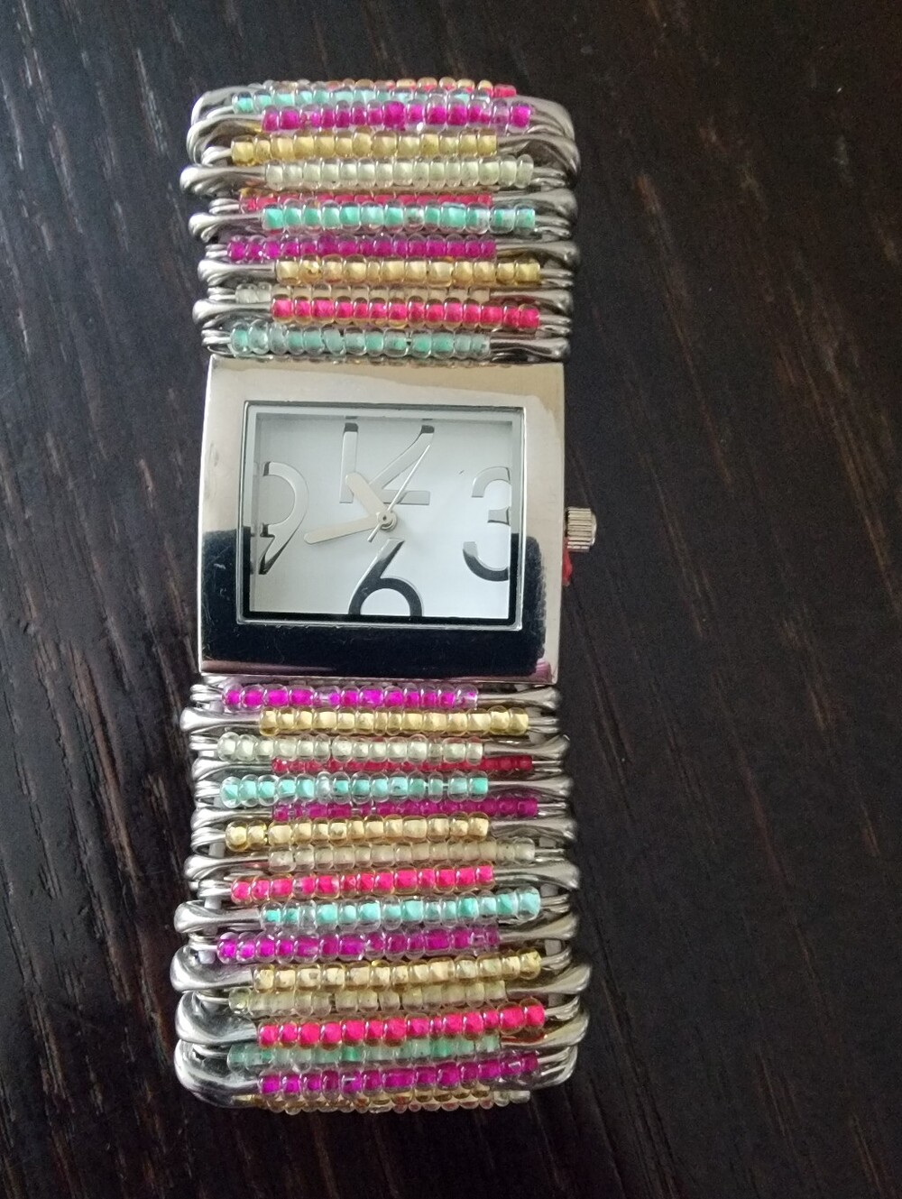 Stylish Silver-Tone Women's Watch Bracelet with Pink, Gold & Aqua Beads